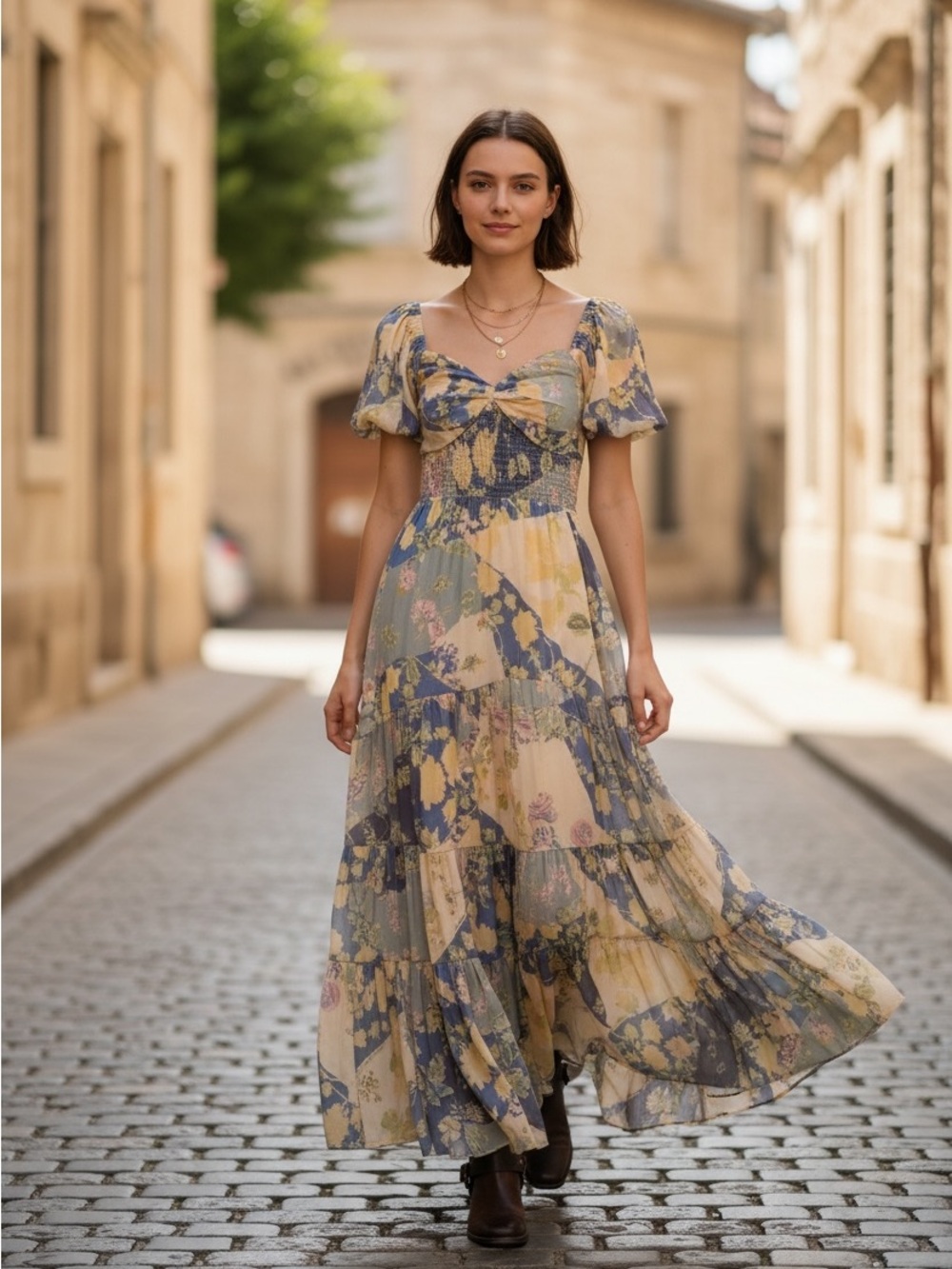 Free People Sundrenched Short-Sleeve Maxi Dress Blue Combo Floral Print Large - Picture 1 of 8